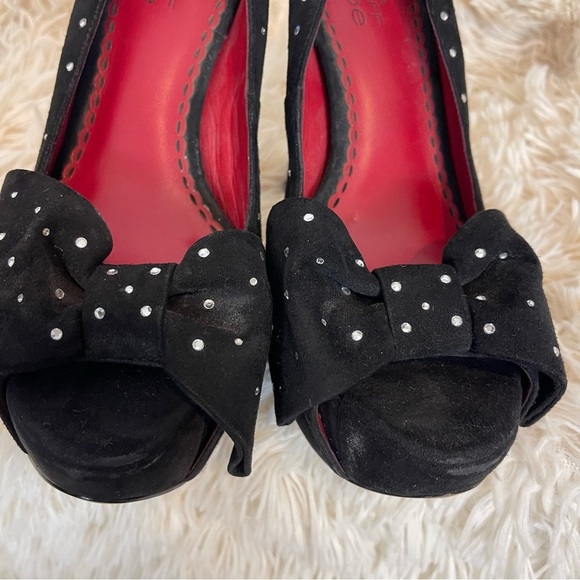 TARA SUBKOFF BEBE Swarovski Crystal Bow Platform Peep opentoe heel black suede 8 - Picture 9 of 12